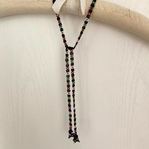 Hungarian Skinny Beaded Scarf Necklace with Black, Green, Red, White Bead Detail - Picture 8 of 12
